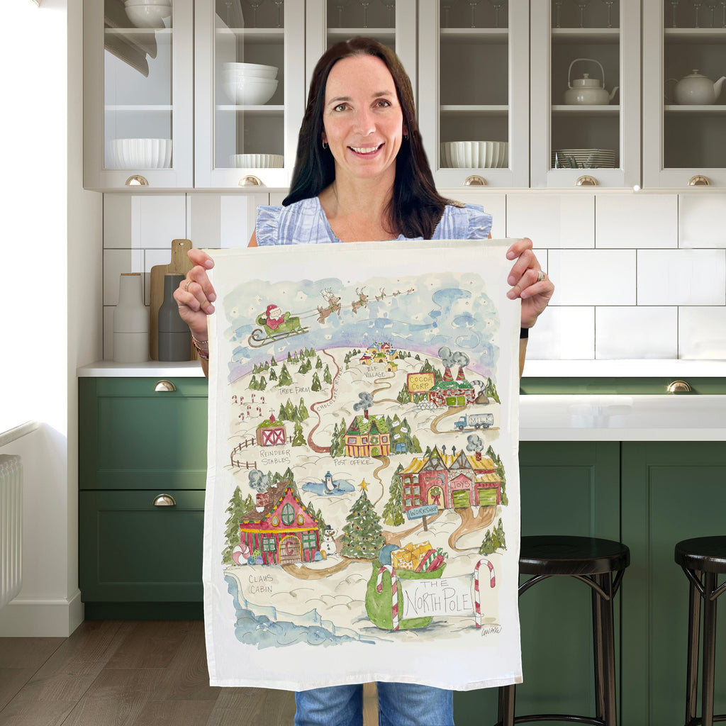 Tea Towel Watercolor Art Gift North Pole Christmas 