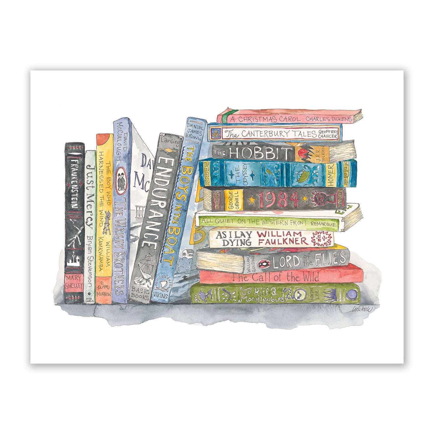 Printable, Digital File, Wall Art, Watercolor Stack of Books Surrounded by  Flowers 